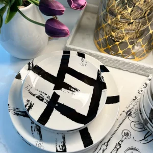 Inspire Me! Home Decor 12 Piece Black Brush Stroke Dinnerware Set KITCHEN