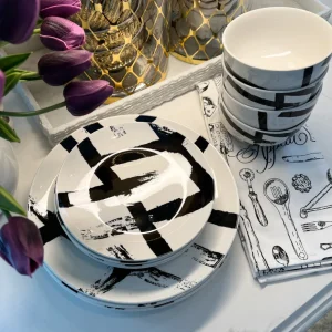 Inspire Me! Home Decor 12 Piece Black Brush Stroke Dinnerware Set KITCHEN