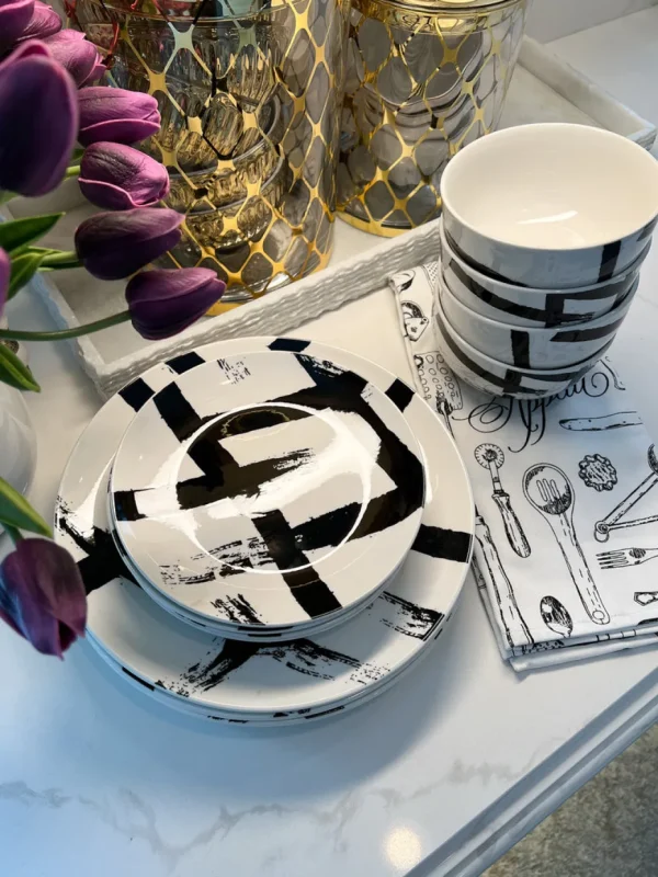Inspire Me! Home Decor 12 Piece Black Brush Stroke Dinnerware Set KITCHEN