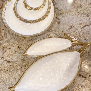 Inspire Me! Home Decor Ceramic Leaf Bowl W/ Gold Detailed Rim (2 Colors)