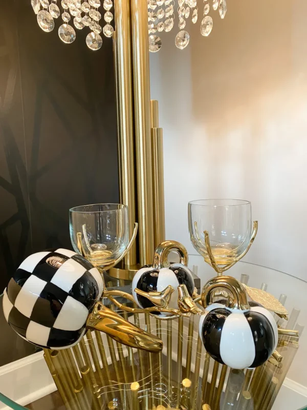 Inspire Me! Home Decor Extra Mini Black And White Stripped Pumpkin With Gold Curved Stem