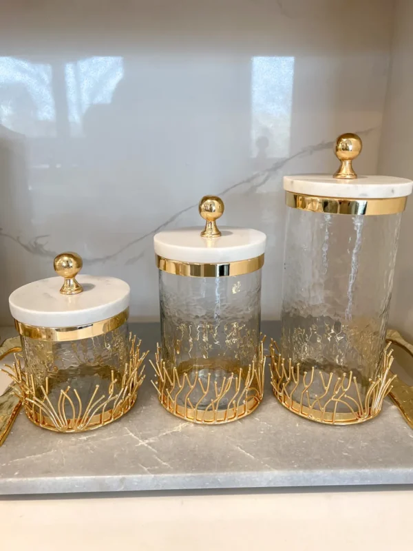 Inspire Me! Home Decor Glass Canister With Gold Branch Design And Marble And Gold Lid (3 Sizes)