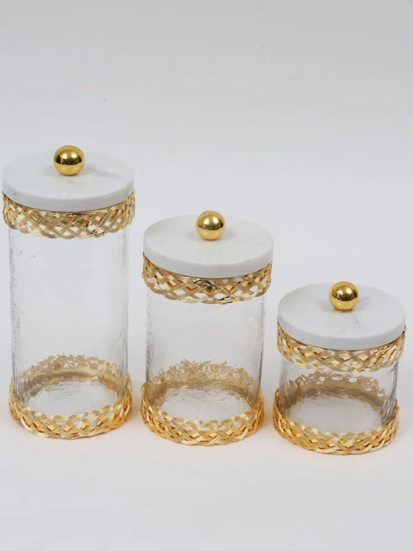 Inspire Me! Home Decor Glass Canister With Gold Lattice Design And Marble And Gold Lid (3 Sizes)