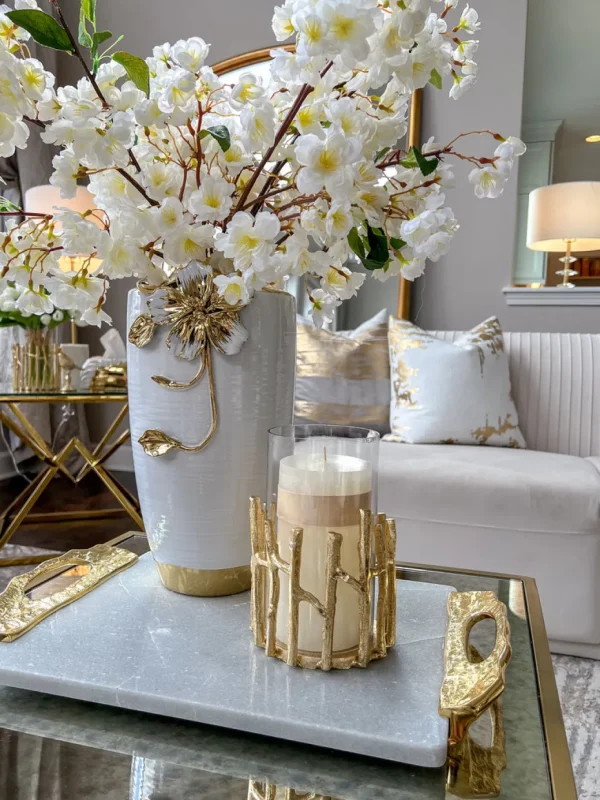Inspire Me! Home Decor Glass Hurricane/Faux Floral Vase With Gold Twig Design (3 Sizes)