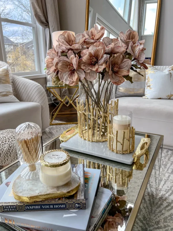 Inspire Me! Home Decor Glass Hurricane/Faux Floral Vase With Gold Twig Design (3 Sizes)