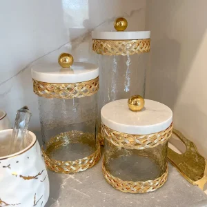 Inspire Me! Home Decor Glass Canister With Gold Lattice Design And Marble And Gold Lid (3 Sizes)