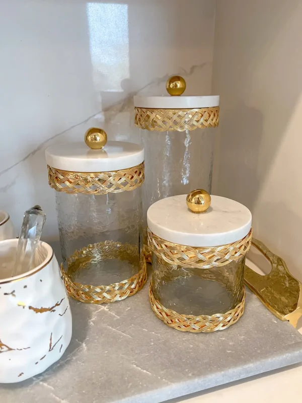 Inspire Me! Home Decor Glass Canister With Gold Lattice Design And Marble And Gold Lid (3 Sizes)