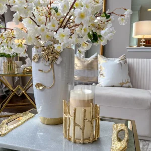 Inspire Me! Home Decor Glass Hurricane/Faux Floral Vase With Gold Twig Design (3 Sizes)