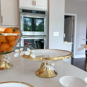 Inspire Me! Home Decor Gold And White Cake Stand With White Jeweled Flower Details