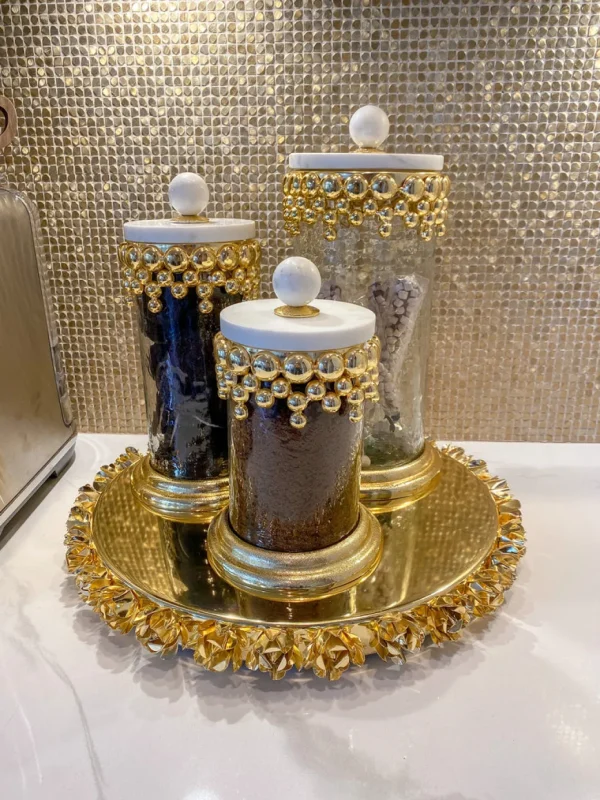 Inspire Me! Home Decor Gold Beaded Canisters W/ Marble Lid (3 Sizes)