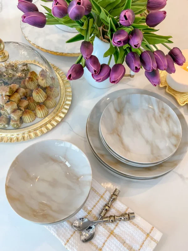 Inspire Me! Home Decor Gold 12 Piece Beige And White Marble Print Dinnerware Set