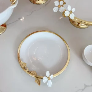 Inspire Me! Home Decor Gold And White Porcelain Plate With White Jeweled Flower Details