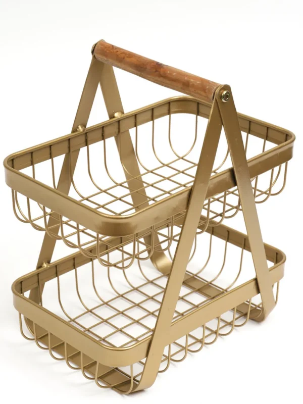 Inspire Me! Home Decor Gold Metal Two Tier Storage Basket With Wood Handle