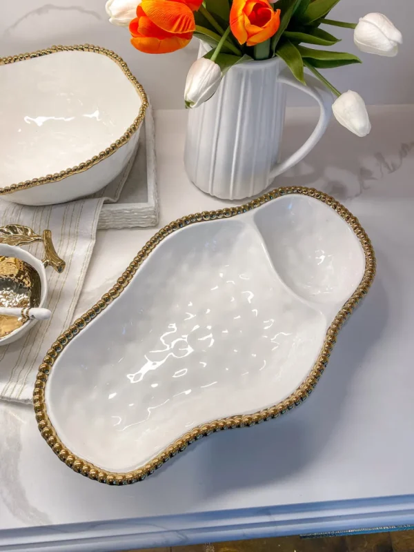 Inspire Me! Home Decor Gold And White Beaded Sectioned Serving Dish