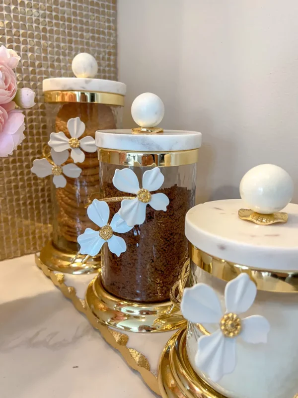 Inspire Me! Home Decor Hammered Glass Canister With White Jeweled Flower Details (3 Sizes) Gold