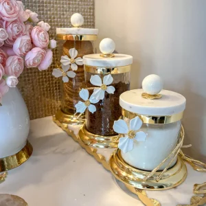 Inspire Me! Home Decor Hammered Glass Canister With White Jeweled Flower Details (3 Sizes) Gold