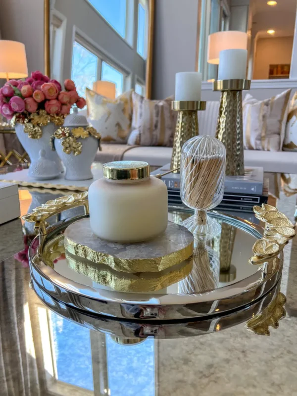 Inspire Me! Home Decor Large Round Decorative Mirror Tray With Gold Petal Handle Details