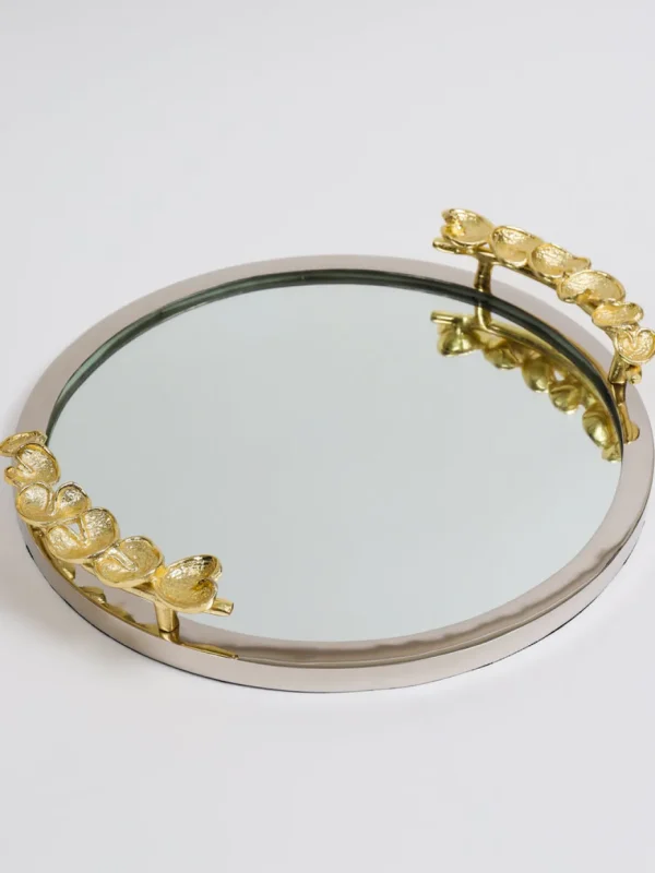 Inspire Me! Home Decor Large Round Decorative Mirror Tray With Gold Petal Handle Details