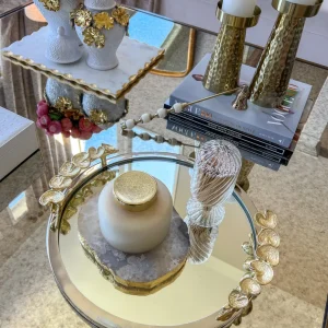 Inspire Me! Home Decor Large Round Decorative Mirror Tray With Gold Petal Handle Details