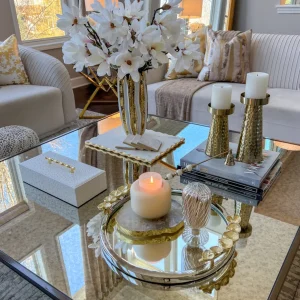 Inspire Me! Home Decor Large Round Decorative Mirror Tray With Gold Petal Handle Details