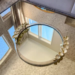 Inspire Me! Home Decor Large Round Decorative Mirror Tray With Gold Petal Handle Details