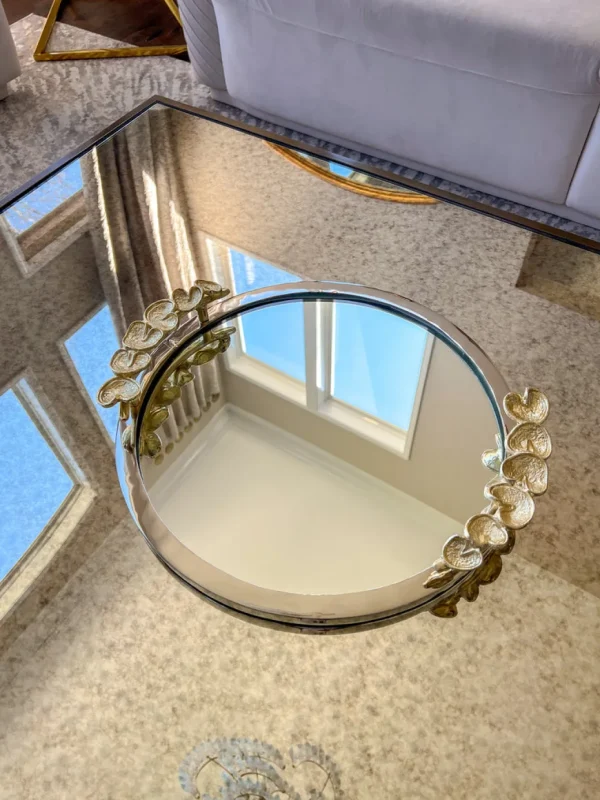 Inspire Me! Home Decor Large Round Decorative Mirror Tray With Gold Petal Handle Details