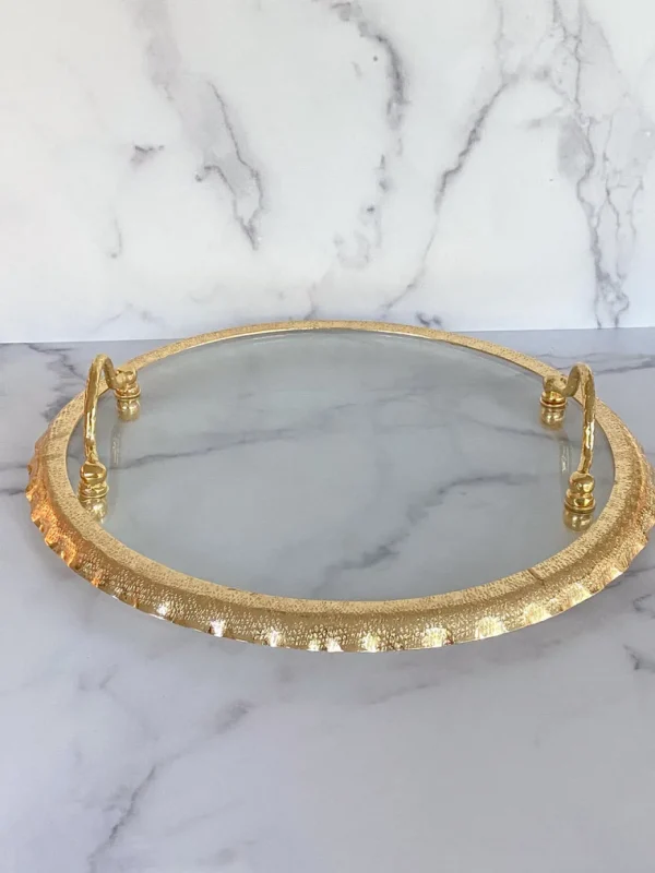 Inspire Me! Home Decor Large Round Glass Tray With Gold Handles And Ruffled Edge