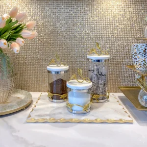 Inspire Me! Home Decor Marble And Gold Metal Leaf Branch Canisters- With Metal Rim (3 Sizes)