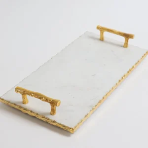 Inspire Me! Home Decor Rectangle Marble Tray With Gold Handles & Hammered Gold Edge