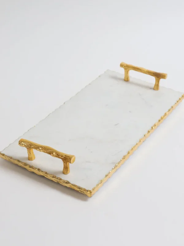 Inspire Me! Home Decor Rectangle Marble Tray With Gold Handles & Hammered Gold Edge