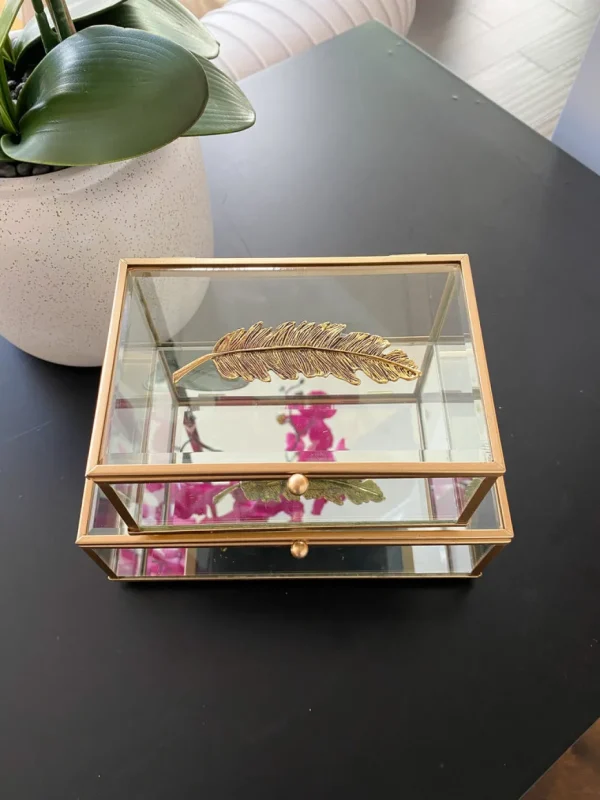 Inspire Me! Home Decor Rectangle Glass & Mirror Box With Gold Feather Detail (2 Sizes)