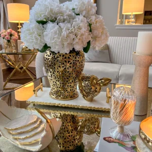 Inspire Me! Home Decor Rectangle Marble Tray With Gold Handles & Hammered Gold Edge