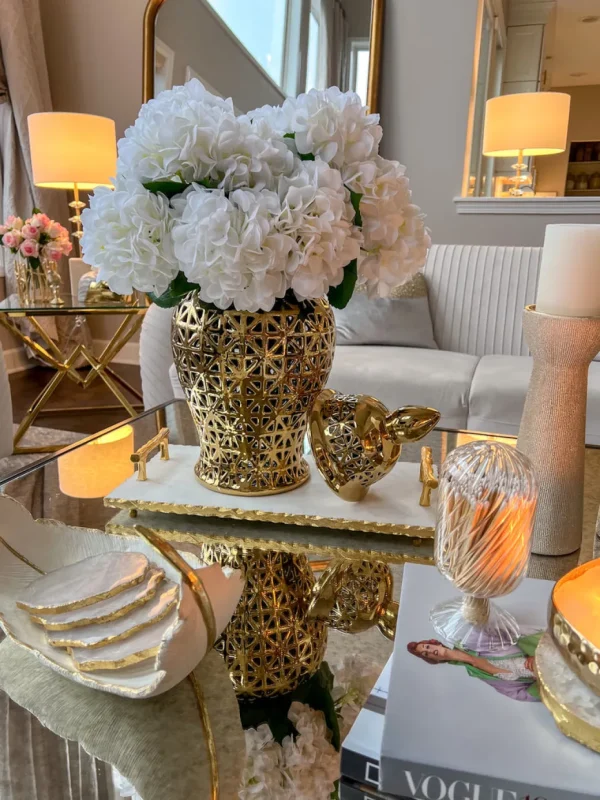 Inspire Me! Home Decor Rectangle Marble Tray With Gold Handles & Hammered Gold Edge