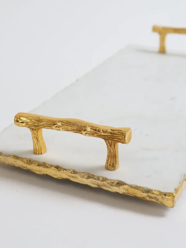 Inspire Me! Home Decor Rectangle Marble Tray With Gold Handles & Hammered Gold Edge