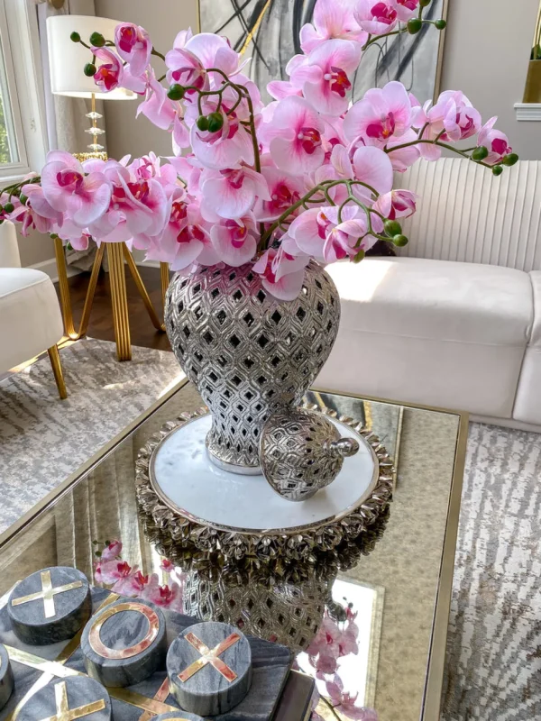 Inspire Me! Home Decor Round Marble Tray With Silver Floral Edge
