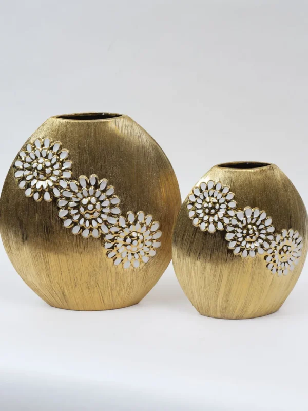 Inspire Me! Home Decor Round Textured Ceramic Gold Vase With White Flower Design (2 Sizes)