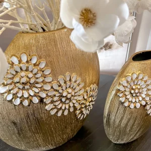 Inspire Me! Home Decor Round Textured Ceramic Gold Vase With White Flower Design (2 Sizes)