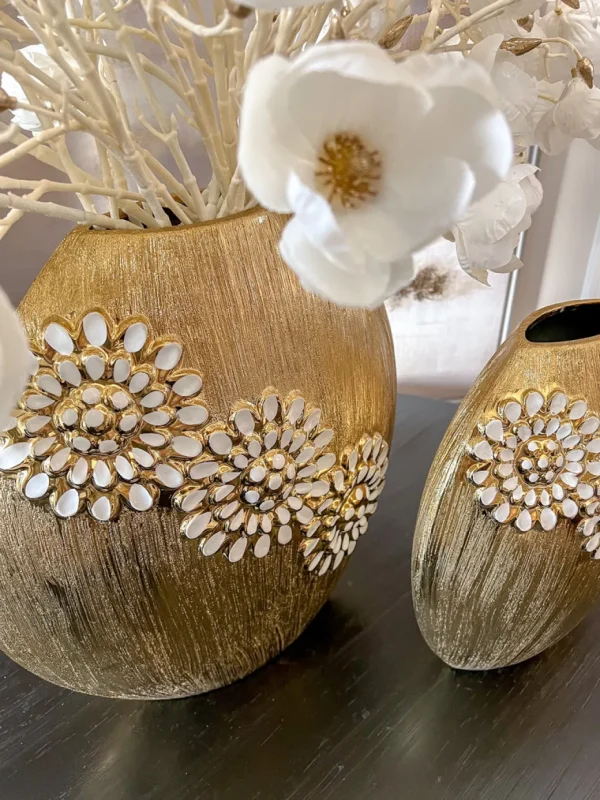 Inspire Me! Home Decor Round Textured Ceramic Gold Vase With White Flower Design (2 Sizes)