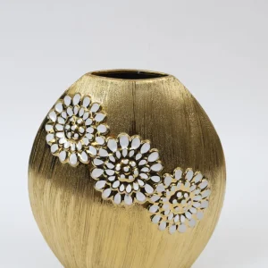 Inspire Me! Home Decor Round Textured Ceramic Gold Vase With White Flower Design (2 Sizes)
