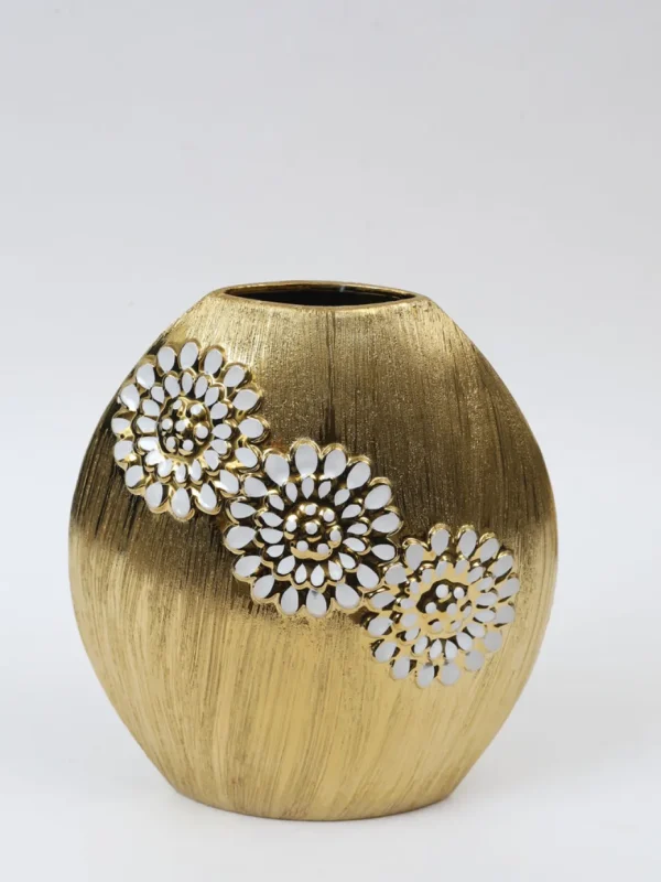 Inspire Me! Home Decor Round Textured Ceramic Gold Vase With White Flower Design (2 Sizes)