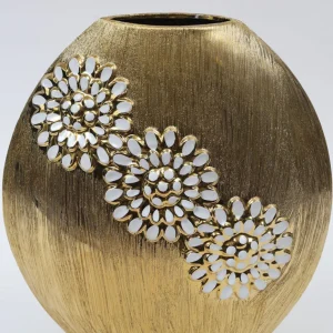 Inspire Me! Home Decor Round Textured Ceramic Gold Vase With White Flower Design (2 Sizes)
