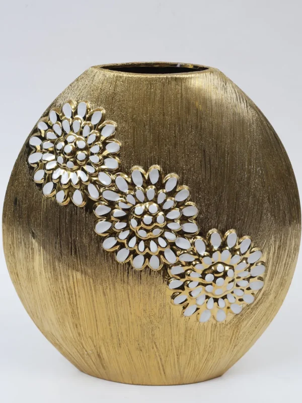 Inspire Me! Home Decor Round Textured Ceramic Gold Vase With White Flower Design (2 Sizes)