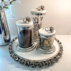 Inspire Me! Home Decor Round Marble Tray With Silver Floral Edge