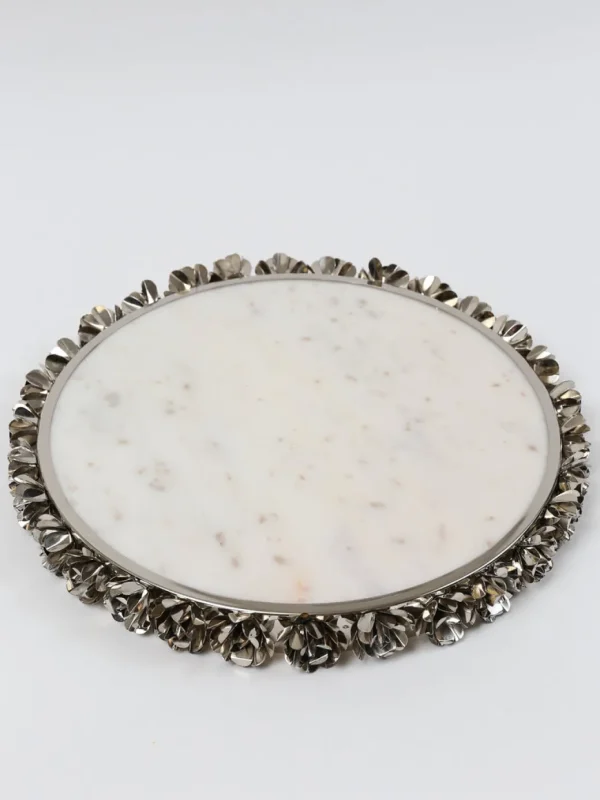 Inspire Me! Home Decor Round Marble Tray With Silver Floral Edge
