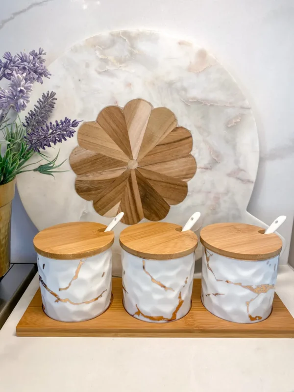 Inspire Me! Home Decor (Set Of 3) Metallic Gold Marble Print Spice Jars With Spoons And Wooden Lid With Tray