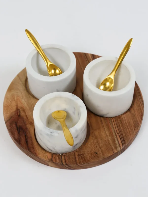 Inspire Me! Home Decor Set Of 3 Marble Spice Bowls W/ Gold Spoons And Wood Base