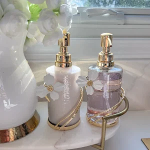 Inspire Me! Home Decor Set Of 2 Hammered Glass Pumps With Gold Tops And White Jeweled Flower Details
