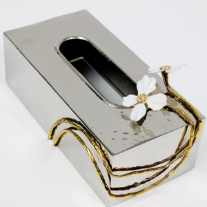 Inspire Me! Home Decor Silver Tissue Box Cover With White Jeweled Flower Details