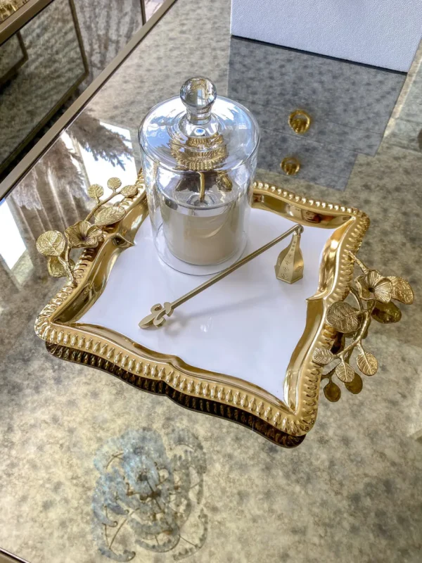 Inspire Me! Home Decor Square Gold Floral Tray With White Enamel Interior