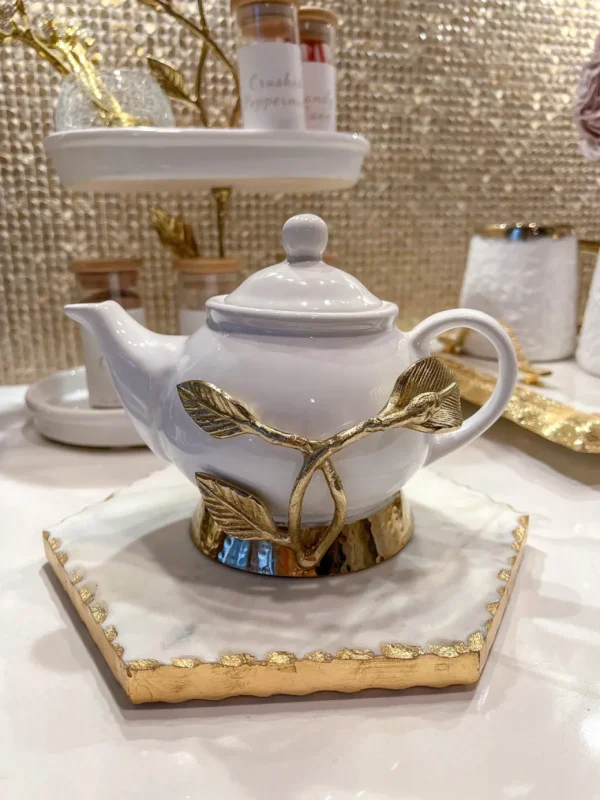 Inspire Me! Home Decor White And Gold Ceramic Tea Pot With Gold Leaf Design